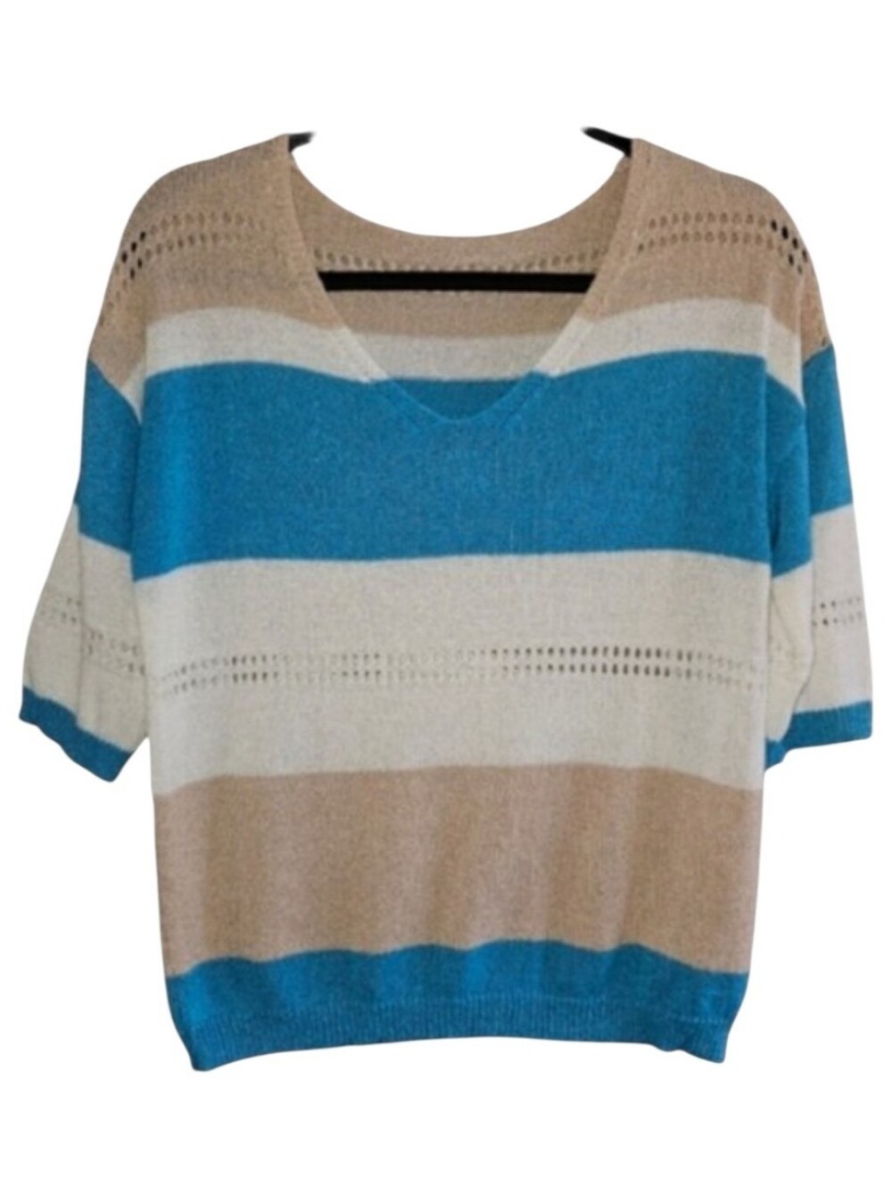 Sweater Top Short Sleeve Knit Top Women's Size Small Tan White Blue Blouse